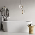 White Bathtub with Striped Bathrobe on Hanger Round Pendant Lights and Wooden Stool with Towels