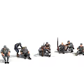 Small Human Figures In Gray Uniforms Sitting And Bending In Resting Scene