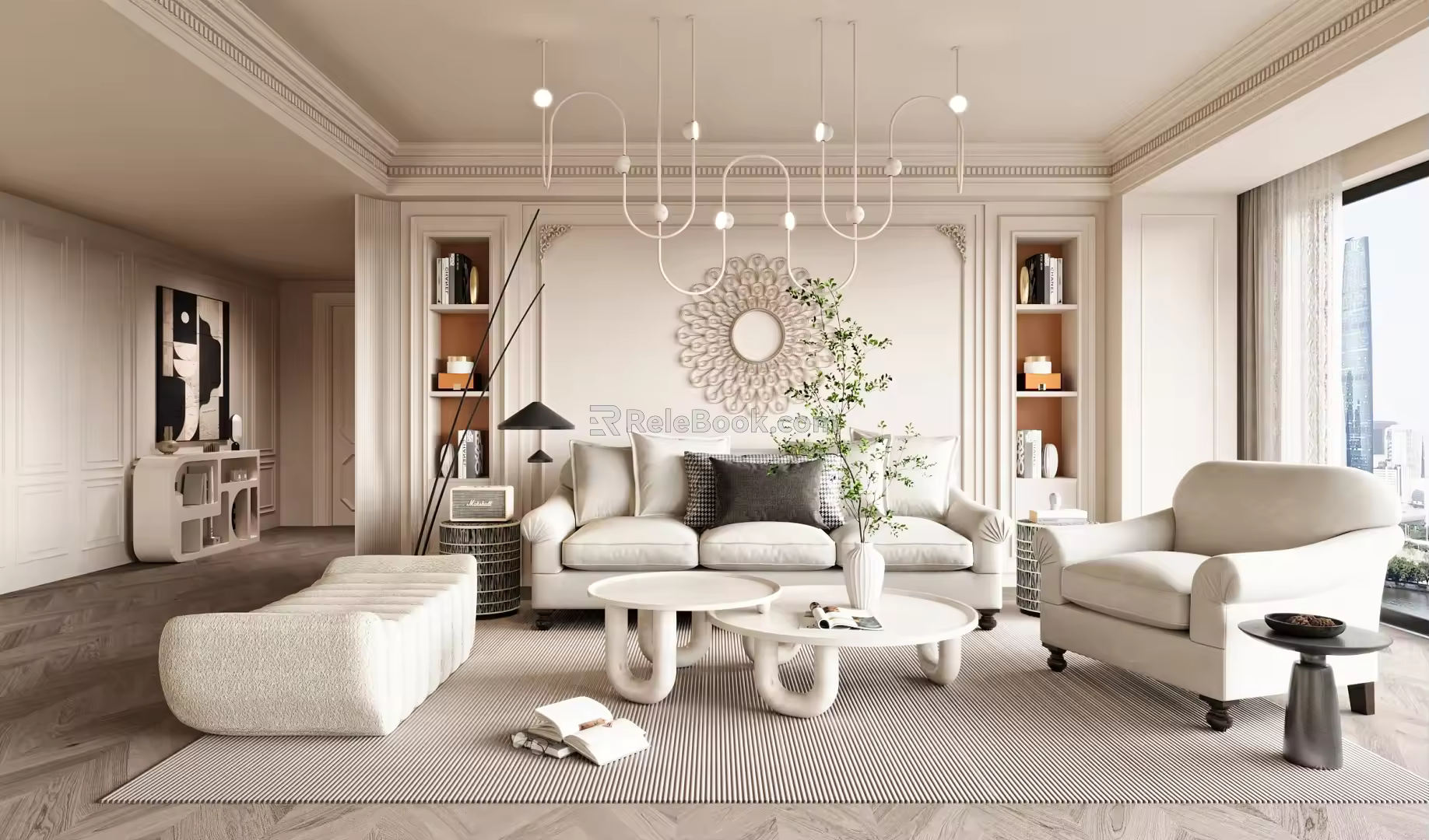Cream Style Living Room Sofa Coffee Table Combination Single Person Sofa Background Wall Chandelier Side Table Hanging Picture 3d model