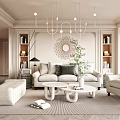 Cream Style Living Room Sofa Coffee Table Combination Single Person Sofa Background Wall Chandelier Side Table Hanging Picture 3d model