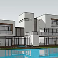 Modern White Detached Villa With Large Glass Windows Lawn And Garage