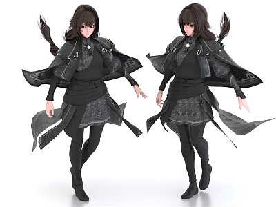Game Movie Character 3D Model With Black Cloak Outfit Long Hair Skirt And Boots 3d model