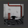 Industrial Style Washbasin With Exposed Red Pipes Gray Rock Base And White Wall