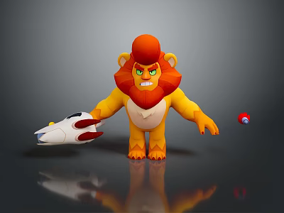 Angry Cartoon Lion With Red Mane Holding White Rocket Launcher And Colorful Ball 3d model