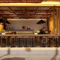 Natural Ambiance Wooden Dining Kitchen Interior With Green Plants Hanging Lights And Dining Table Chairs