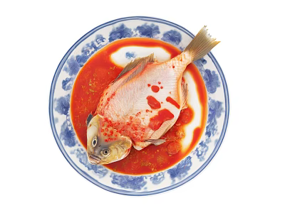 Delicious Steamed Fish with Red Sauce on Blue and White Patterned Plate 3d model