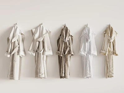 Different Colored Robes Hanging on Hangers Against Light Wall Background 3d model