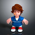 Child With Brown Hair Bandage On Face Wearing Blue Shirt Red Shoes Arms Outstretched