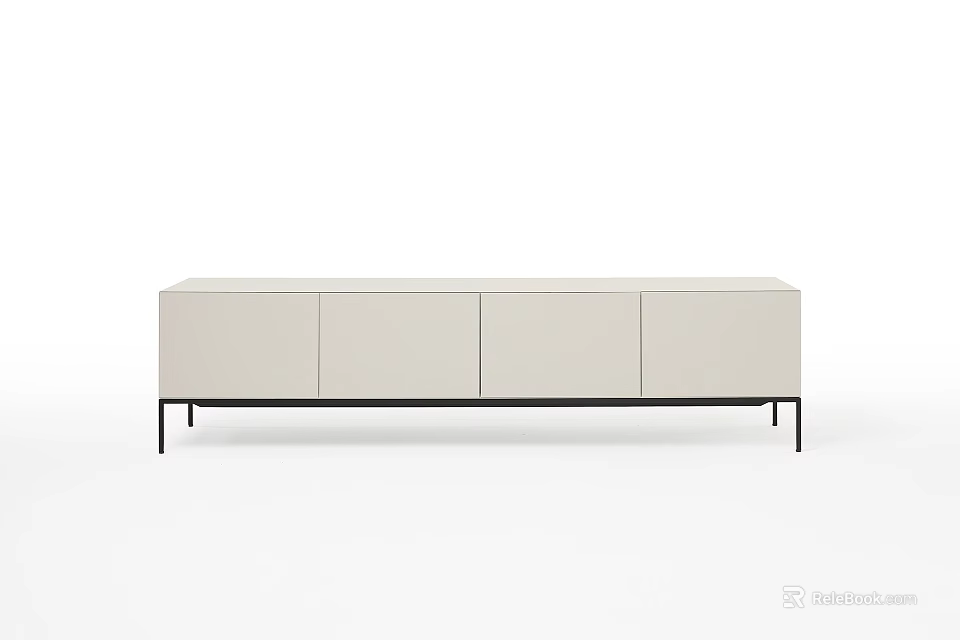 Modern TV Stand With Light Beige Finish Four Doors And Black Metal Legs 3d model 