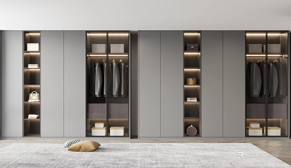 Modern Wardrobe Interior Design With Gray Doors Hanging Garments And LED Lighting 3d model 