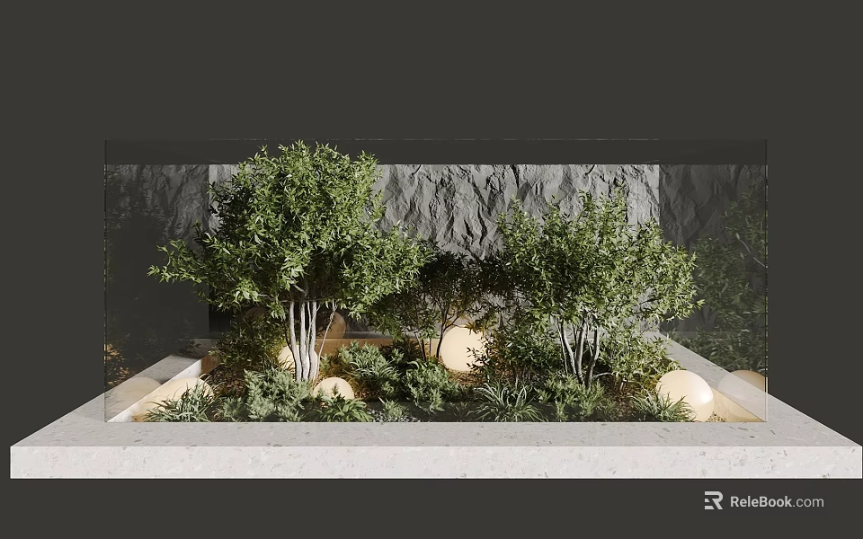 Contemporary Landscape Feature Wall With Lush Green Plants Soft Lighting And Natural Stone Finish 3d model 