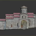 Cartoon Scene Featuring Stone Building With Pink Roof Arched Windows Small Tower And Green Grass