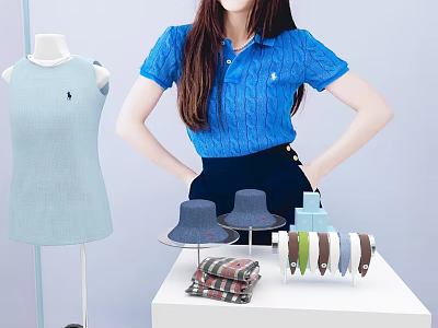 Stylish Display Shelf With Mannequin Dress Hats Scarves And Socks 3d model