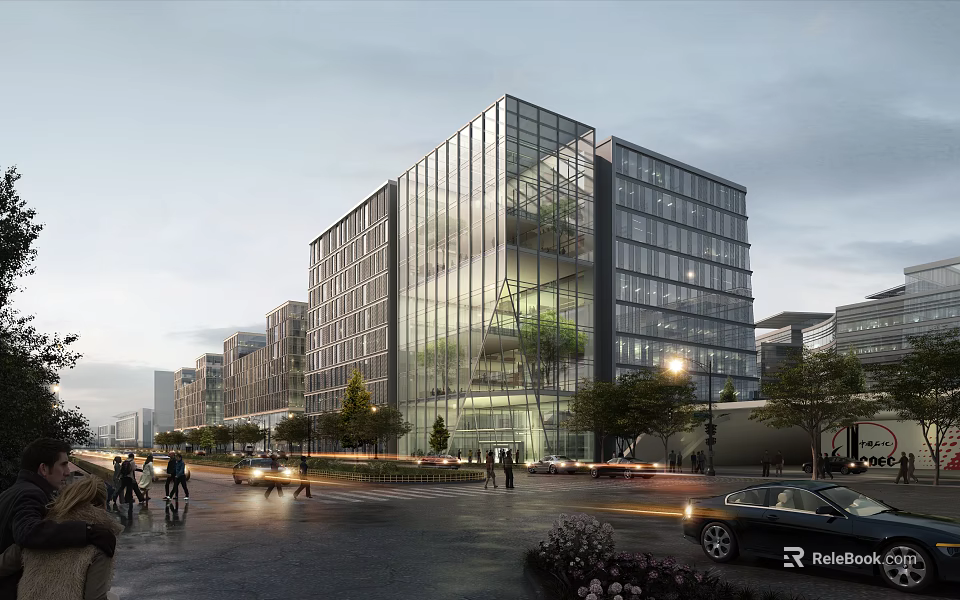 Modern High Rise Office Building With Glass Facade And Urban Street View 3d model 