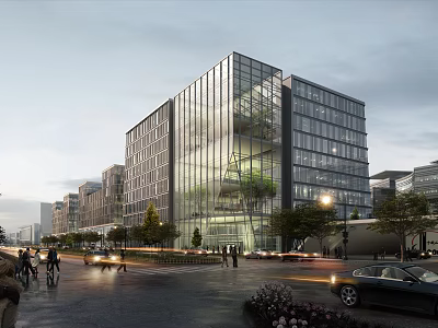 Modern High Rise Office Building With Glass Facade And Urban Street View 3d model
