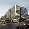 Modern High Rise Office Building With Glass Facade And Urban Street View