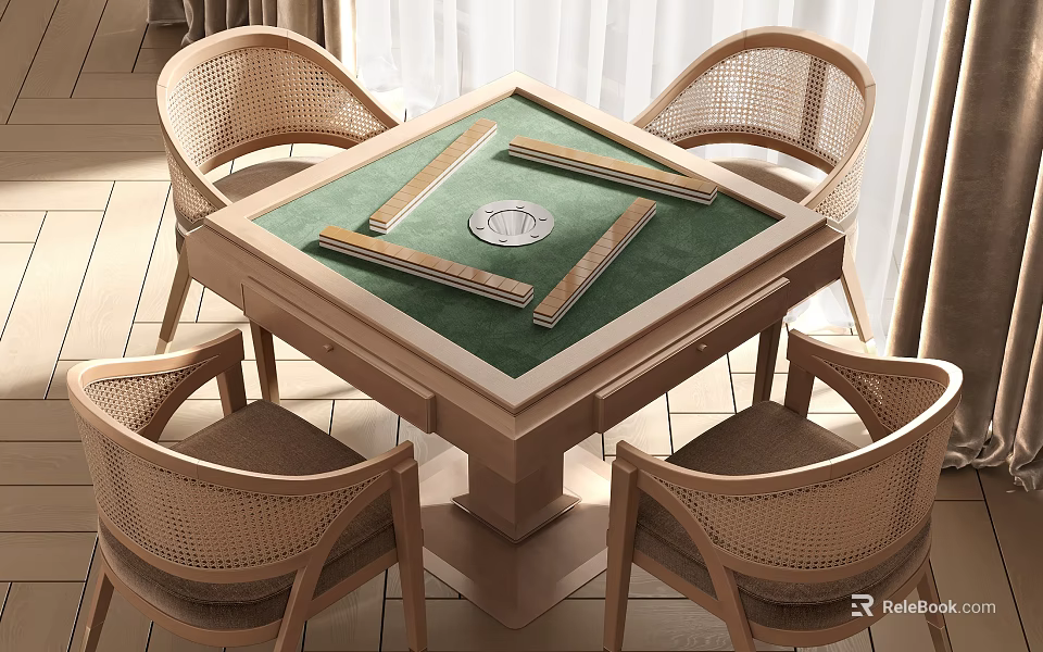 Entertainment Table with Green Felt Surface for Mahjong and Four Rattan Chairs 3d model 