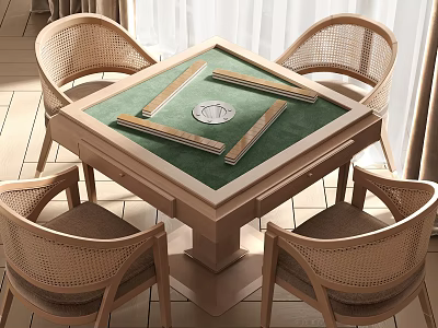 Entertainment Table with Green Felt Surface for Mahjong and Four Rattan Chairs 3d model