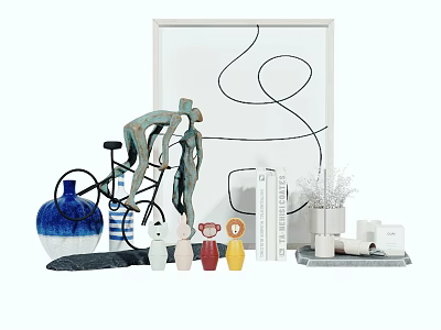 Decorative Ornament Set With Framed Abstract Art Bicycle Model Blue Vase Colorful Figurines And Books 3d model