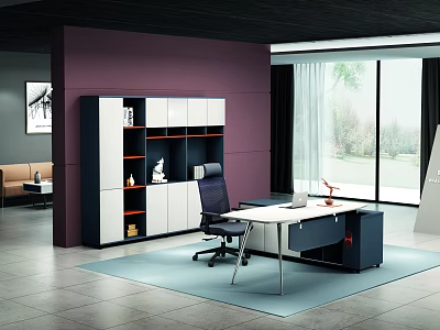 Modern Office Interior Design With Purple Walls Blue Rug Desk Chair Bookshelf And Large Windows 3d model