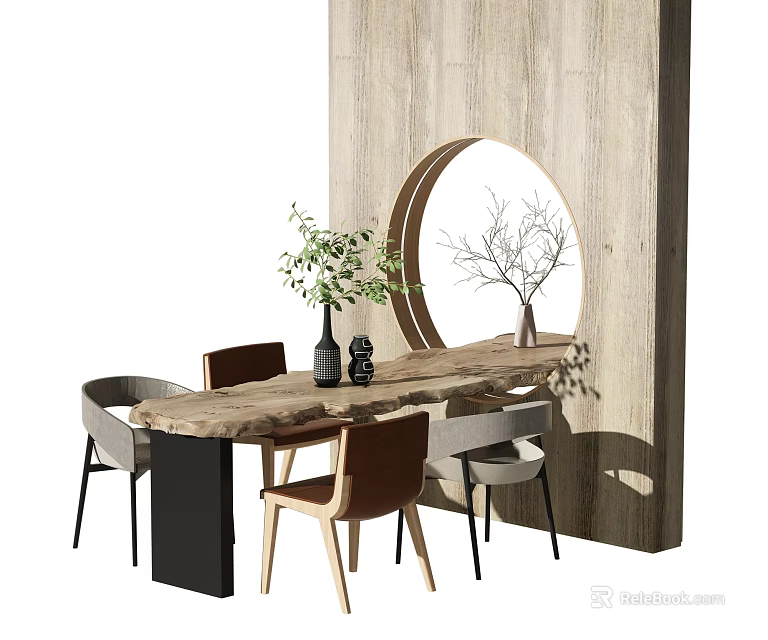 Natural Style Wooden Tea Table with Mixed Color Chairs and Round Mirror Backdrop 3d model 