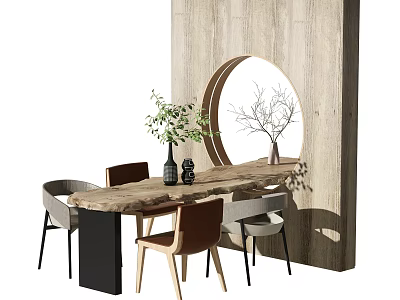 Natural Style Wooden Tea Table with Mixed Color Chairs and Round Mirror Backdrop 3d model