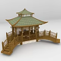 Traditional Chinese Wooden Pavilion With Green Tiled Roof Wooden Railings And Small Bridge