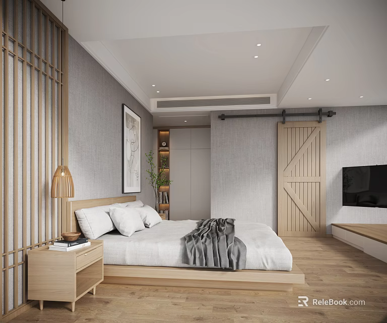 Minimalist Bedroom Interior With Wooden Slat Accent Wall Bed Nightstand Barn Door And TV 3d model 