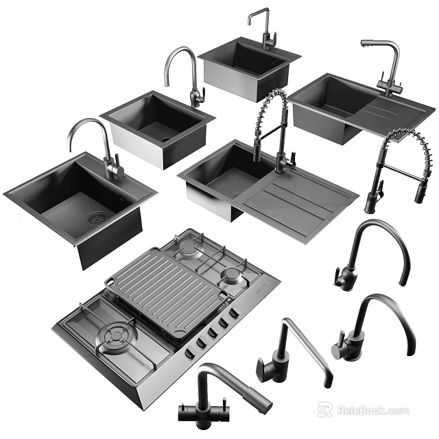Stainless Steel Single Double Bowl Kitchen Sink with Faucet and Drainer for Modern Kitchen 3d model 
