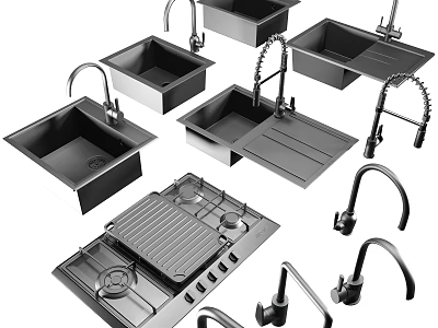 Stainless Steel Single Double Bowl Kitchen Sink with Faucet and Drainer for Modern Kitchen 3d model