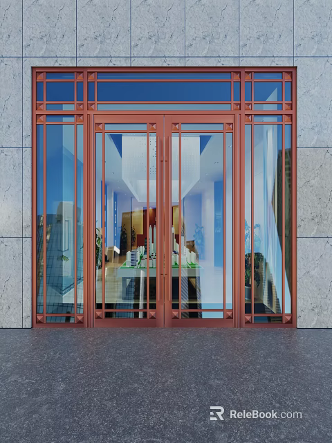 Modern Building Entrance With Red Frame Glass Door And Stone Wall Reflections 3d model 