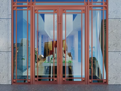 Modern Building Entrance With Red Frame Glass Door And Stone Wall Reflections 3d model