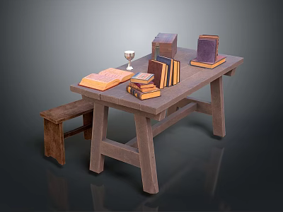 Rustic Wooden Table With Open Book Stacked Books Wine Glass And Stool 3d model