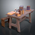 Rustic Wooden Table With Open Book Stacked Books Wine Glass And Stool