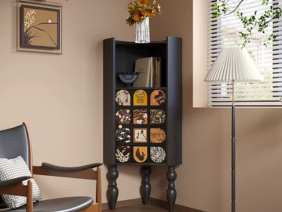 Decorative Black Cabinet With Ornate Patterned Panels Vase Flowers Armchair Floor Lamp Wall Art 3d model