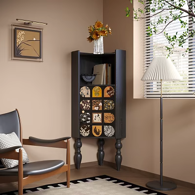 Decorative Black Cabinet With Ornate Patterned Panels Vase Flowers Armchair Floor Lamp Wall Art 3d model