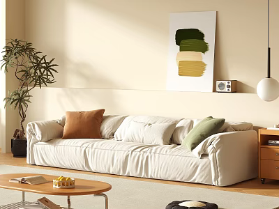 White Sofa Coffee Table Set With Brown Green Cushions Potted Plant Wall Art 3d model