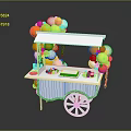 Colorful Balloon Decorated White Food Cart With Yellow Snacks Red Fruits And Treats