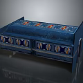 Blue Industrial Machine With Multiple Drawers Colorful Striped Panels And Surface Design