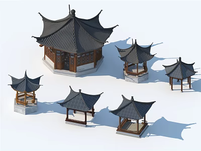 Traditional Chinese Pavilion 3D Models With Different Sizes Wooden Structures And Black Tiled Roofs 3d model