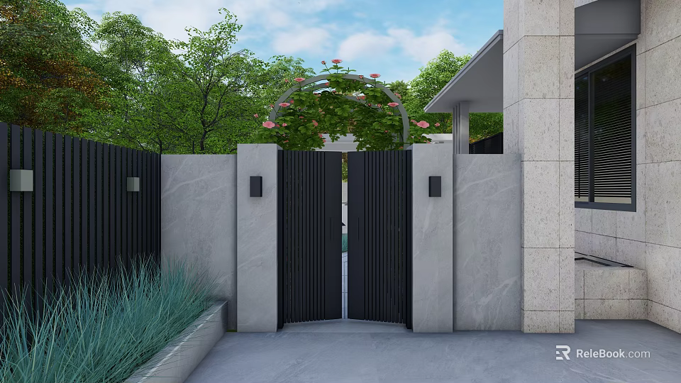 Modern Garden Feature Wall With Black Gate Green Vines Stone Slabs And Wall Lamps 3d model 