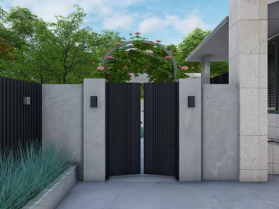 Modern Garden Feature Wall With Black Gate Green Vines Stone Slabs And Wall Lamps 3d model