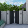 Modern Garden Feature Wall With Black Gate Green Vines Stone Slabs And Wall Lamps