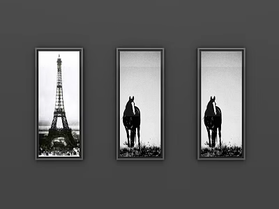 Set of Framed Landscape Paintings Featuring Eiffel Tower And Silhouette Horses 3d model