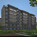Modern Residential Building with Multiple Balconies Surrounded by Green Lawns Trees and Outdoor Seating Areas