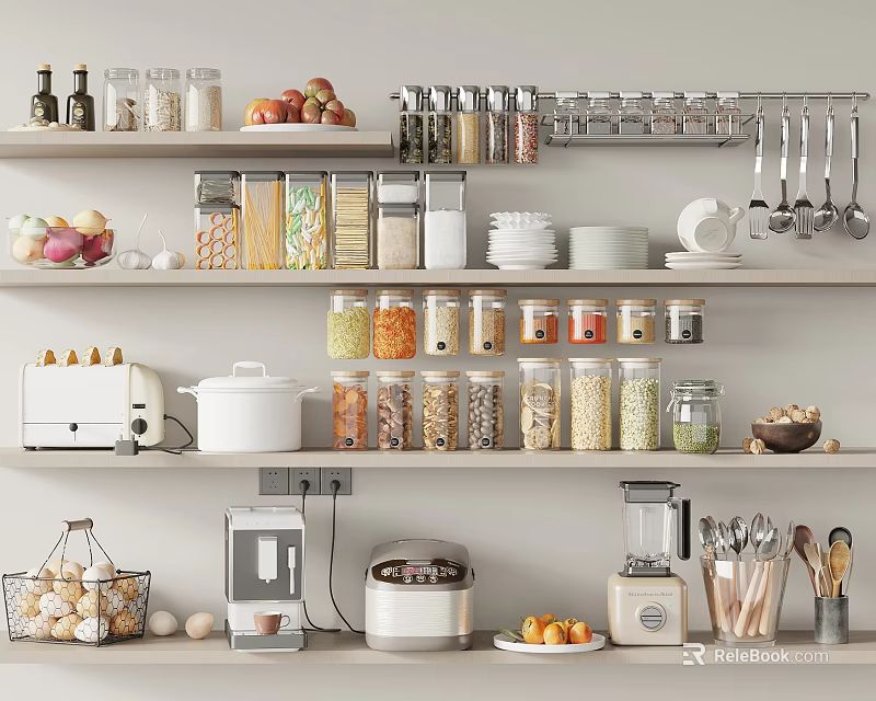 Spice Jars Arranged On Kitchen Shelves With Utensils 3d model 