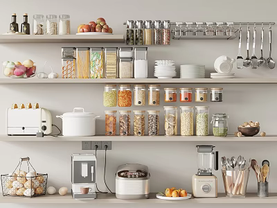 Spice Jars Arranged On Kitchen Shelves With Utensils 3d model