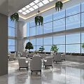 Modern Lounge Area Interior With Large Windows Hanging Plants And Comfortable Seats 3d model
