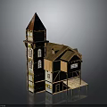 Multi Story Wooden House With Red Steeple Tower And Vines Covered Veranda