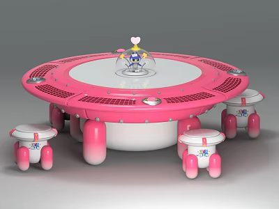 Kids Pink Round Table and Chair Set with Cartoon Doll Decoration Playful Design for Children 3d model